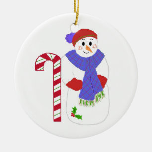 Ornement En Céramique Bonhomme de neige avec canne de bonbon