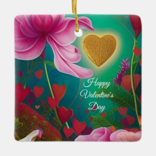 Ornement En Céramique Bonne Saint Valentin - Fleurs et Coeurs roses