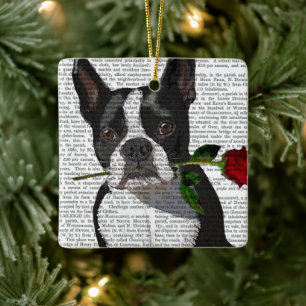 Ornement En Céramique Boston Terrier avec Rose à la bouche