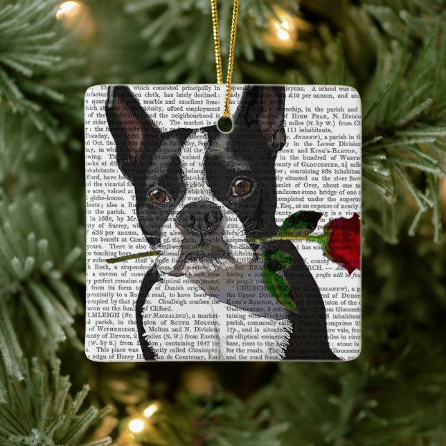 Ornement En Céramique Boston Terrier avec Rose dans la bouche (Arbre)