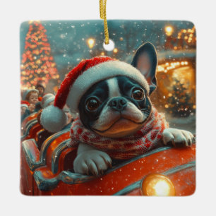 Ornement En Céramique Boston Terrier Dog Roller Dessous de verre Noël