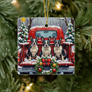 Ornement En Céramique Boston Terrier Noël Camion Rouge Fêtes