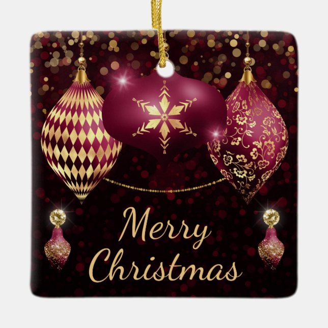 Ornement En Céramique Bourgogne et or Baubles Joyeux Noël (Devant)