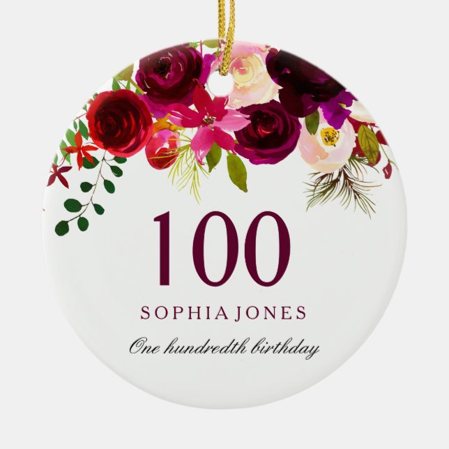 Ornement En Céramique Bourgogne Floral Boho 100e anniversaire Cadeau (Devant)
