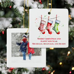 Ornement En Céramique Bouts de Noël photo en aquarelle simple