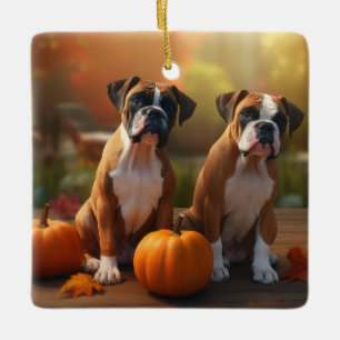 Ornement En Céramique Boxer Chiot Automne Citrouille de plaisir