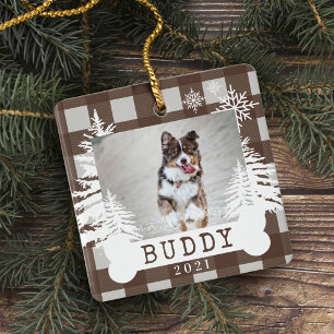 Ornement En Céramique Brown Plaid Rustique Pine Trees Chien Os Animal Ph