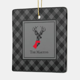 Ornement En Céramique Buffalo Plaid Deer Grey Noël personnalisé
