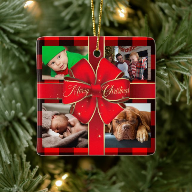 Ornement En Céramique Buffalo Plaid Joyeux Noël Bow Photo Collage (Arbre)