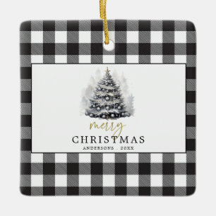 Ornement En Céramique Buffle noir blanc chèque Joyeux Noël