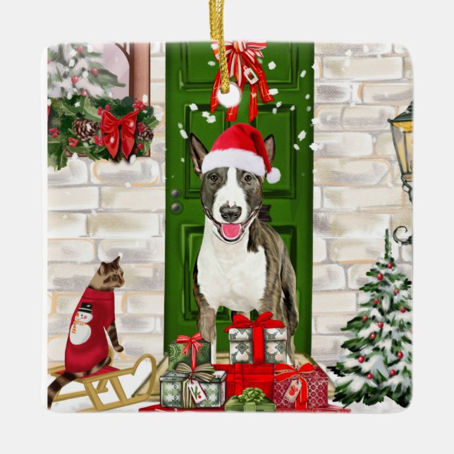 Ornement En Céramique Bull Terrier Chien Noël (Devant)