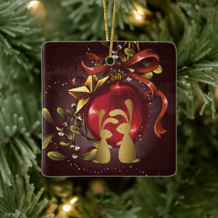 Ornement En Céramique Bunnies d'or personnalisées en Noël d'amour