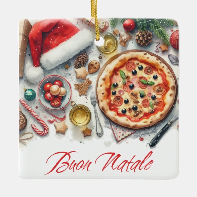 Ornement En Céramique Buon Natale Aquarelle fête de Noël italienne (Devant)