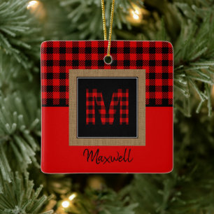 Ornement En Céramique Burap Buffalo Plaid Red Black Monogramme Nom