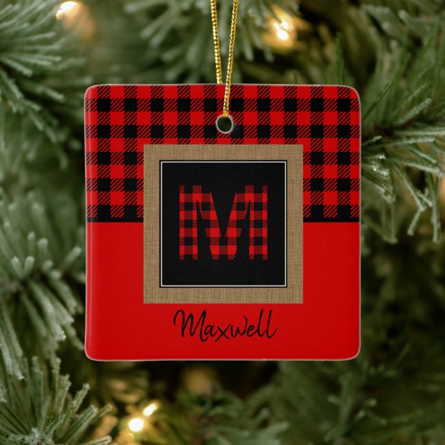 Ornement En Céramique Burap Buffalo Plaid Red Black Monogramme Nom (Arbre)