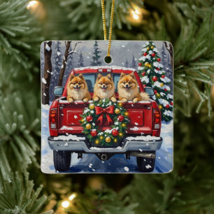 Ornement En Céramique Cadeau de Noël Camion Rouge Pomeranian Fêtes