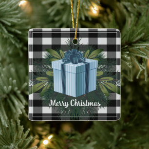 Ornement En Céramique Cadeau de Noël Plaid Buffalo   Vacances bleues