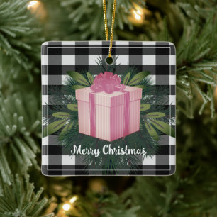 Ornement En Céramique Cadeau de Noël Plaid Buffalo   Vacances roses