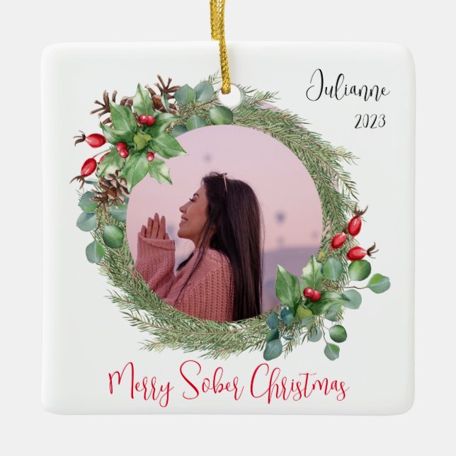 Ornement En Céramique Cadeau de Noël Sober, Photo personnalisée (Devant)