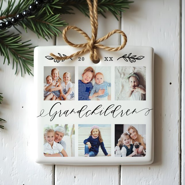 Ornement En Céramique Cadeau pour petits-enfants pour grands-parents Col (Grandchildren Gift for Grandparents Photo Collage Ceramic Ornament)