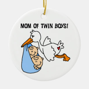 Ornement En Céramique Cadeaux jumeaux de cigogne de maman de garçons