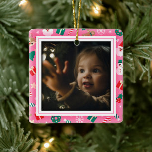 Ornement En Céramique Cadre photo rose de Noël mignon