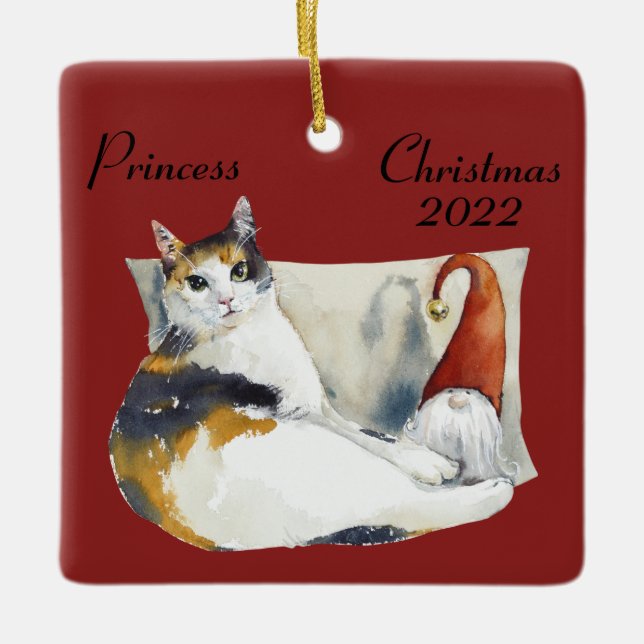 Ornement En Céramique Calico Cat Gnome thème de Noël aquarelle (Devant)