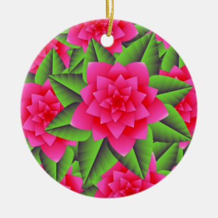 Ornement En Céramique Camellias roses de Fuschia et Feuilles verts
