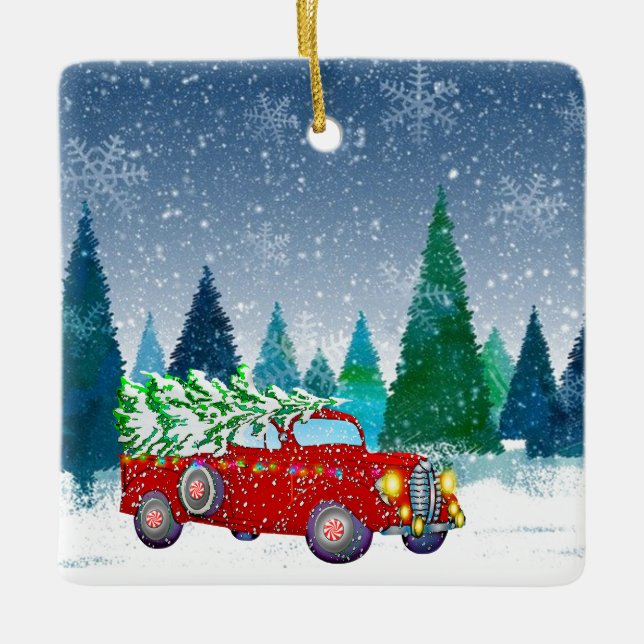 Ornement En Céramique Camion avec sapin de Noël à la ferme de Noël (Devant)
