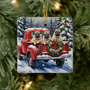 Ornement En Céramique Camionnette Rouge de Noël Pug Fêtes