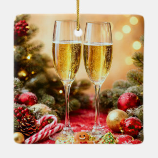 Ornement En Céramique Campagne de Noël Flûtes à Champagne Acclamations