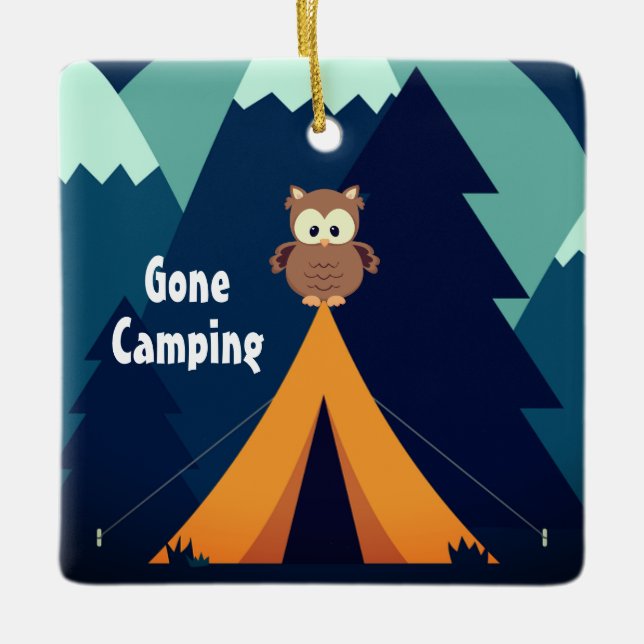 Ornement En Céramique Camping Cute personnalisé ~Tente et hibou Noël (Devant)