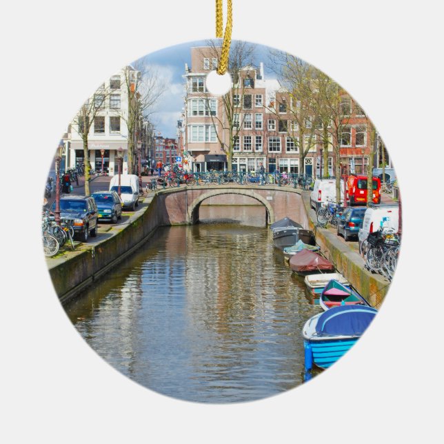 Ornement En Céramique Canal d'Amsterdam avec des bateaux (Devant)