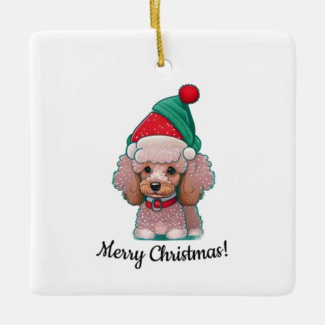 Ornement En Céramique Caniche mignon avec Casquette de Noël (Devant)