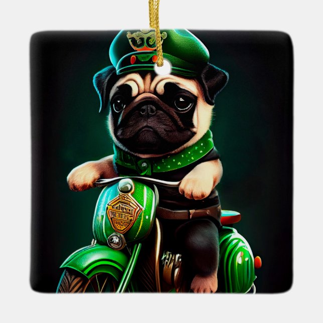 Ornement En Céramique Carlin Chien Conduite Vélo St. Patrick's Day (Devant)