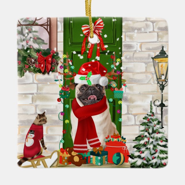 Ornement En Céramique Carlin Chien Noël (Devant)