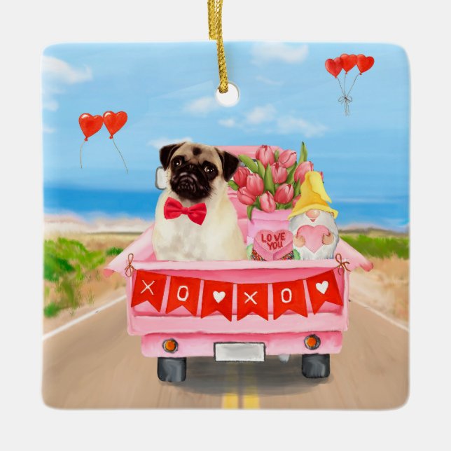 Ornement En Céramique Carlin Chien Saint-Valentin Coeurs de camion (Devant)