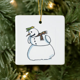 Ornement en céramique carré bonhomme de neige