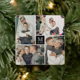 Ornement En Céramique Carré Monogram Simple Photo Collage Noël