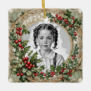Ornement En Céramique Carré photo de Noël personnalisé Holly encadré
