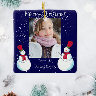 Ornement En Céramique Carte de Noël personnalisée Snowman