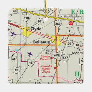 Ornement En Céramique Carte routière de Bellevue Ohio