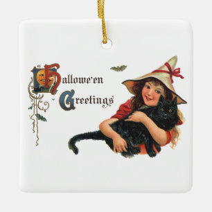 Ornement En Céramique Cartes de vœux Halloween vintage, enfant sorcière 