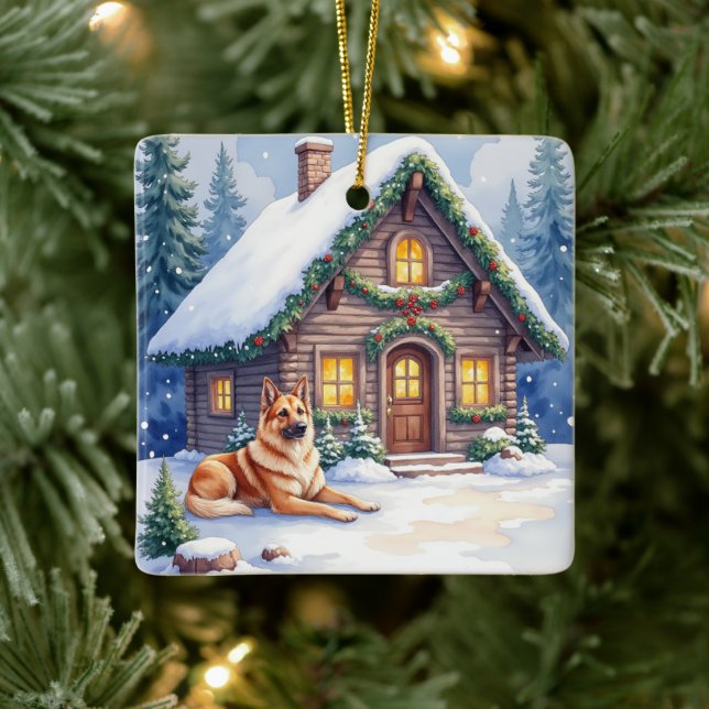 Ornement En Céramique Caucasian Shepherd Dog Mountain Cabin Christmas (Arbre)