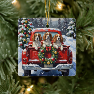 Ornement En Céramique Cavalier King Charles Spaniel Noël Camion Rouge