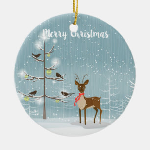 Ornement En Céramique Cerf de Noël à l'Écharpe rouge