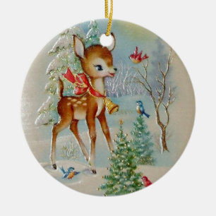 Ornement En Céramique Cerf de Noël de bébé vintage