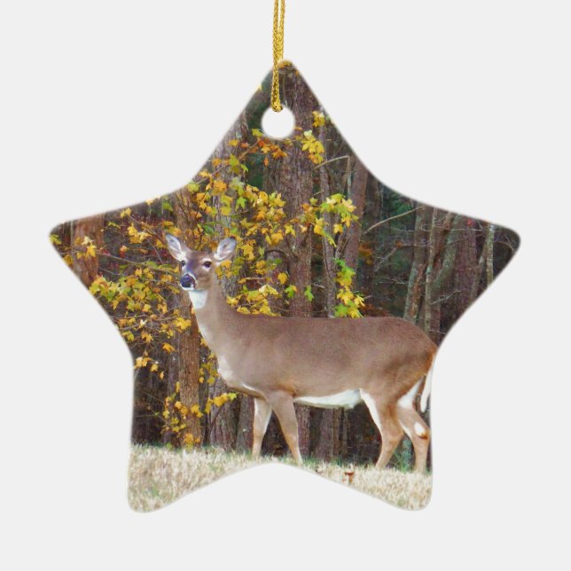 Ornement En Céramique Cerf devant l'arbre d'automne jaune (Devant)