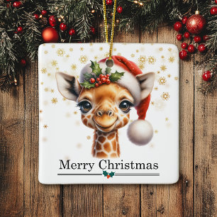 Ornement En Céramique Chapeau de Père Noël Girafe Drôle Joyeux Noël