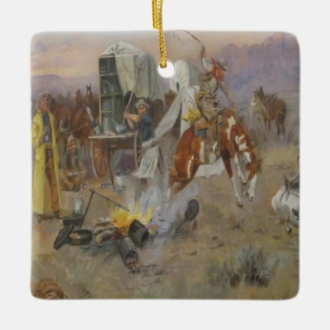 Ornement En Céramique Charles M Russell - Bronc au camp de vache (Devant)